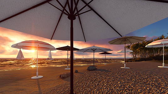太阳椅和雨伞在美丽的海滩上日落视频的预览图