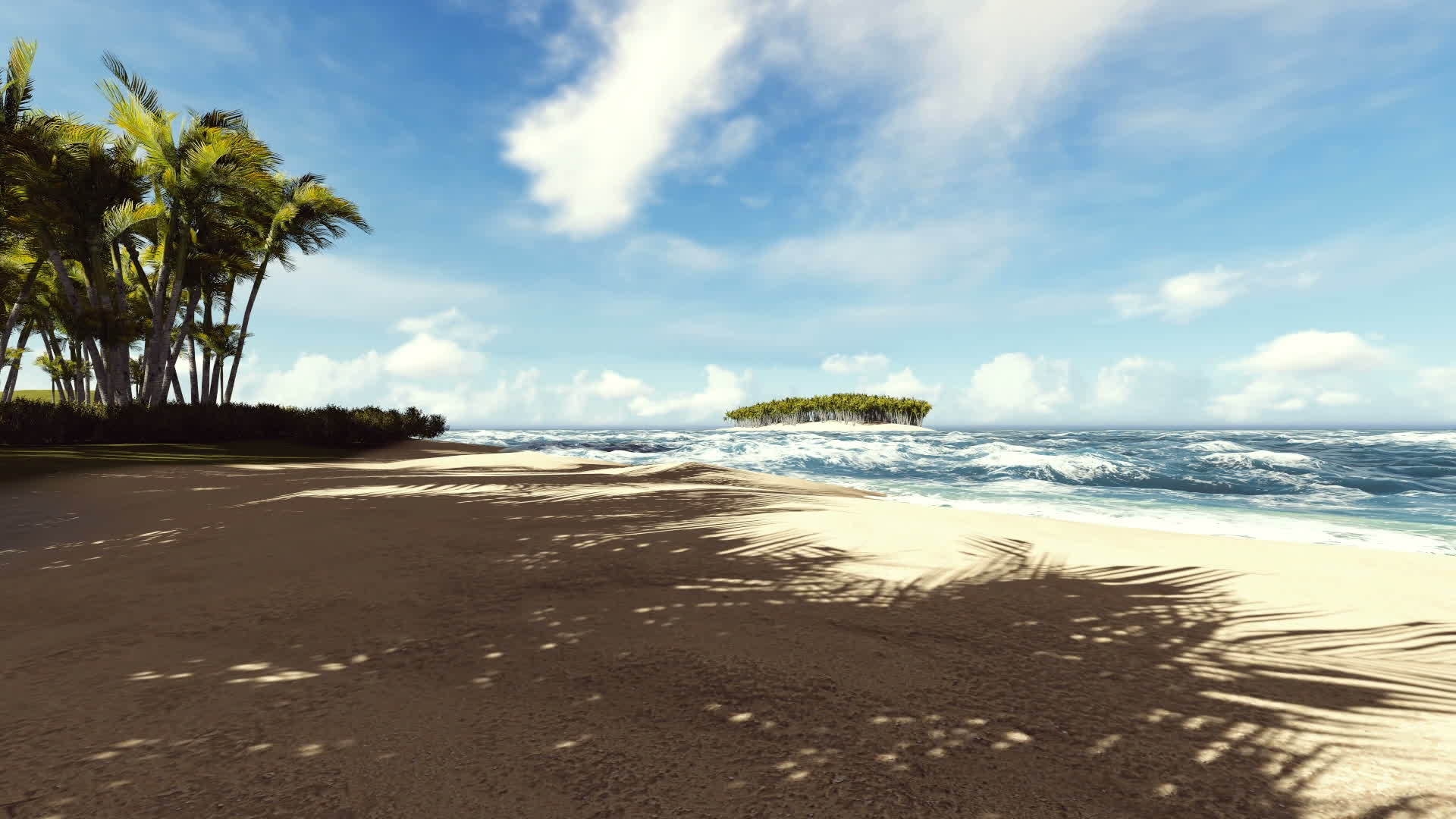 美丽的海滩有棕榈树背景和小岛视频的预览图