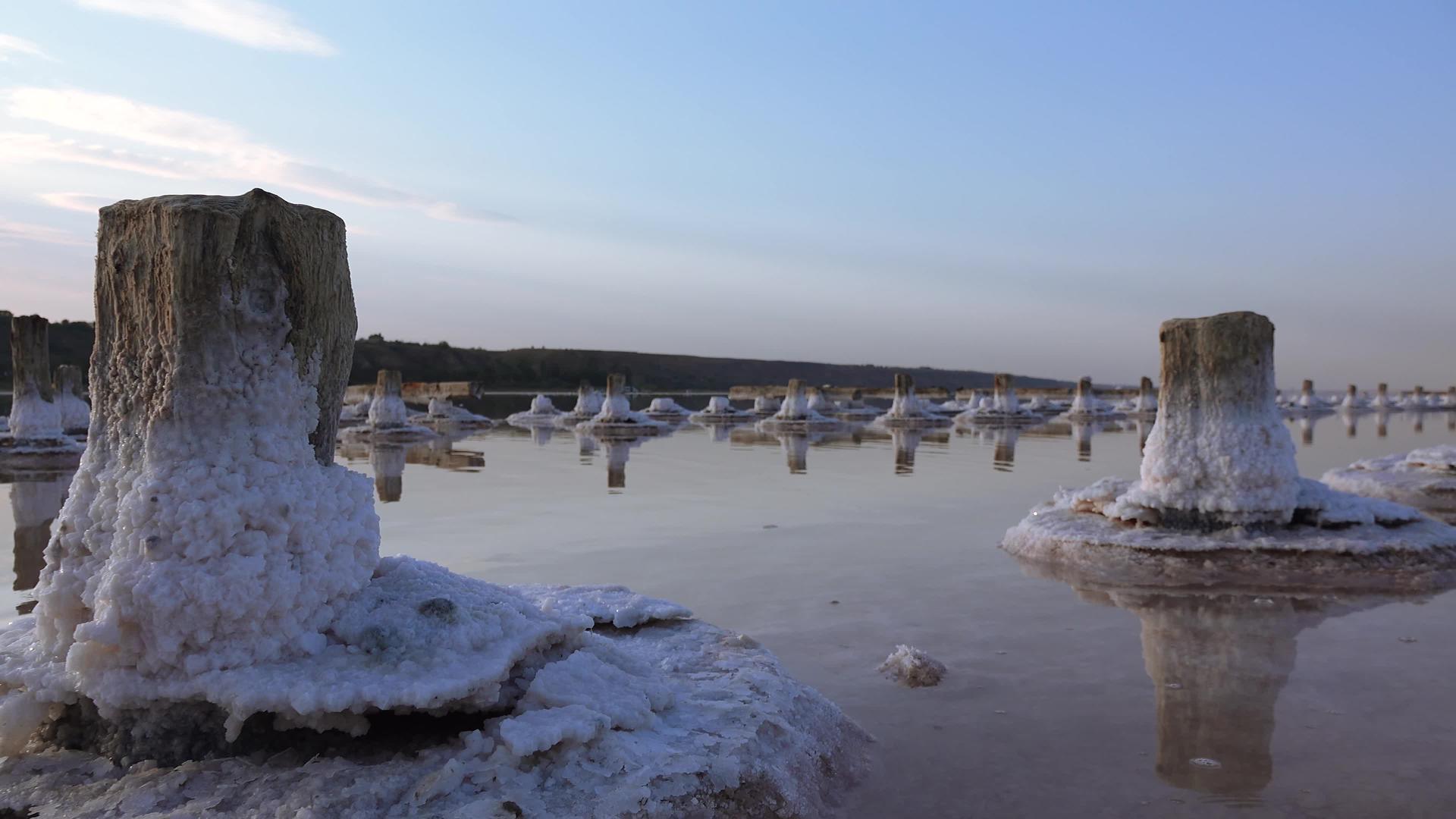 盐湖木原木上的自沉盐干湖中的高盐水是一个环境问题视频的预览图