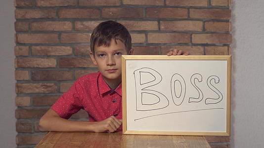 孩子们坐在桌子上背景红砖墙上的老板拿着翻页图和字母视频的预览图