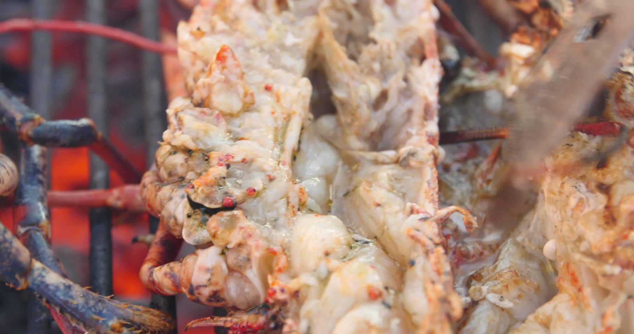 蓝布列塔尼龙虾烧烤蒸汽烹饪烤架食品在蓝布列塔尼海鲜市场视频的预览图