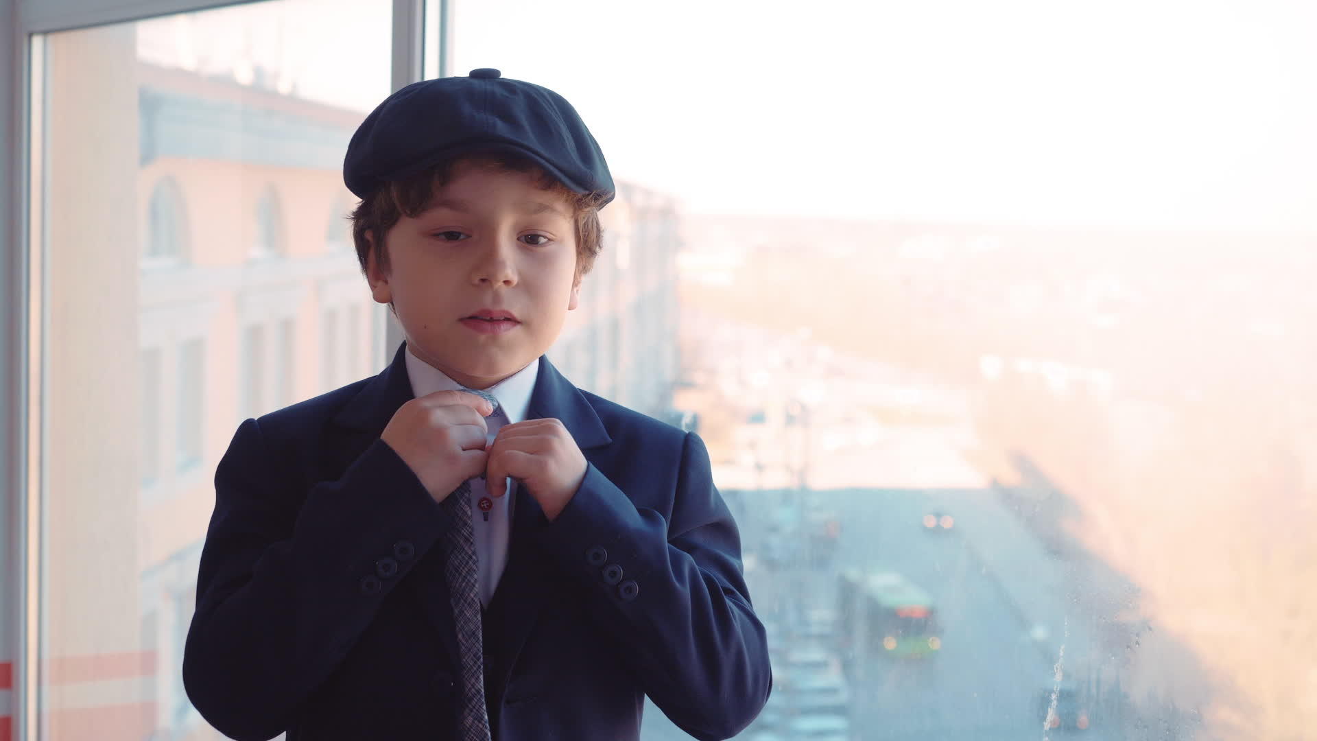 一个穿着商务服的年轻男孩在商务办公室的平领带和帽子视频的预览图