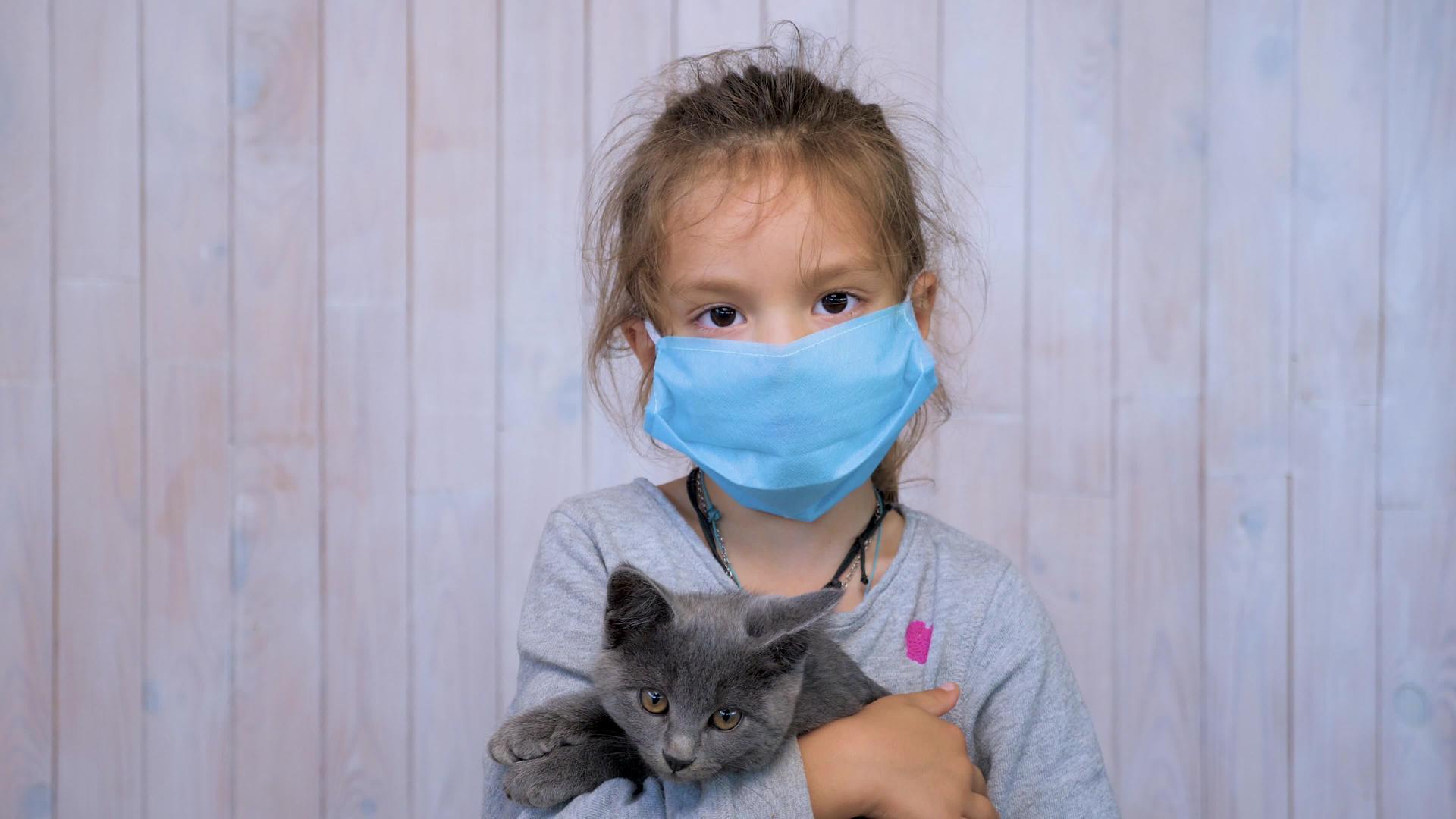 在此期间孩子们带着小猫呆在家里戴着医用口罩视频的预览图