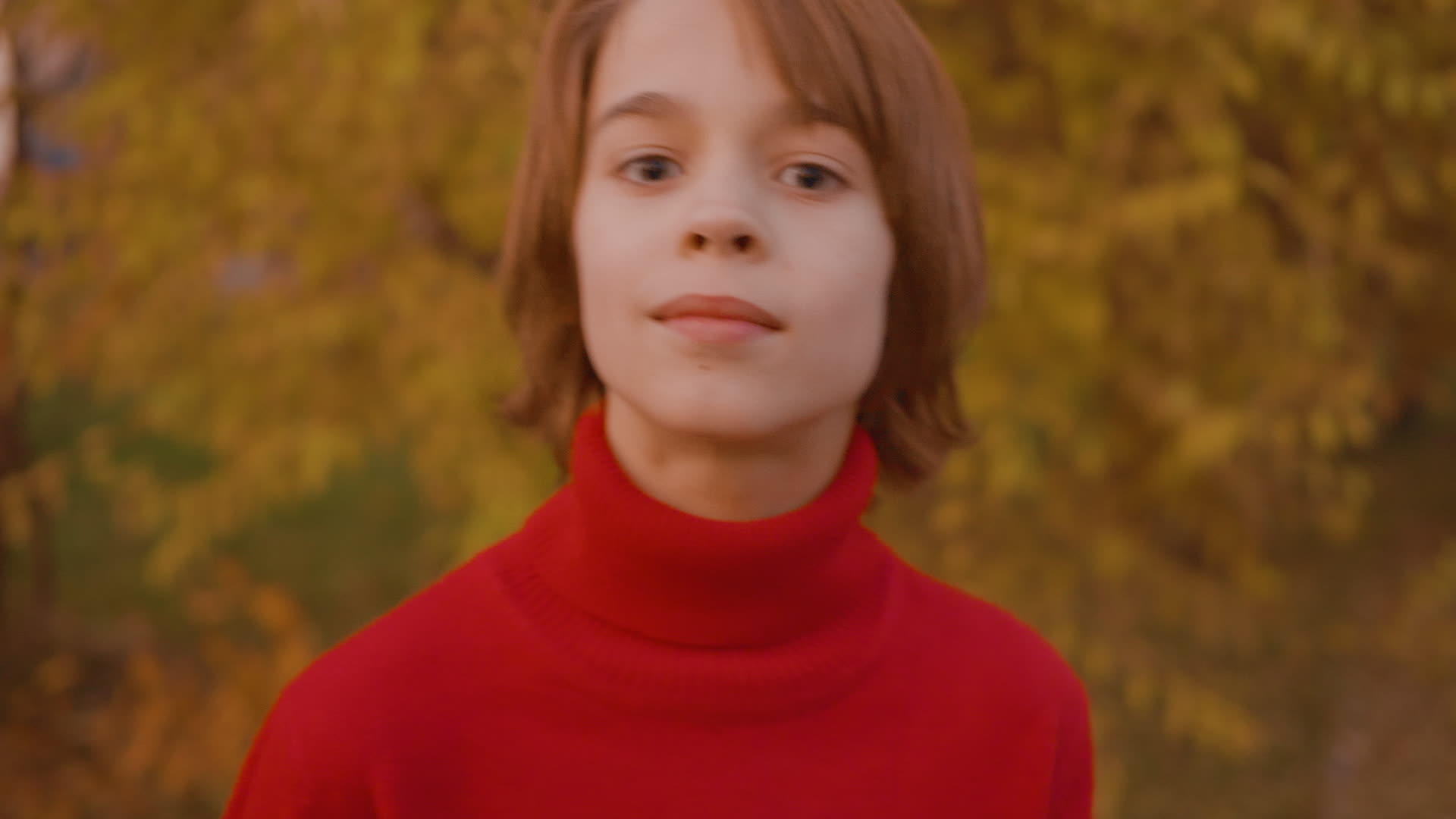 英俊的年轻男孩在秋天公园的黄树背景上特写了一个快乐的男孩视频的预览图