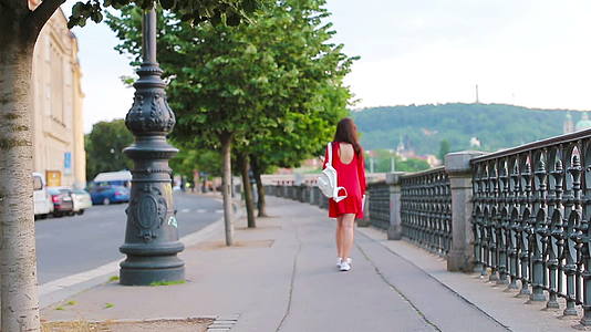 有一个快乐的年轻女子在欧洲背景下有一座著名的桥在欧洲视频的预览图