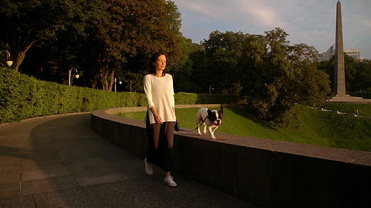 一个女人带着一条狗在腰带上行走视频的预览图