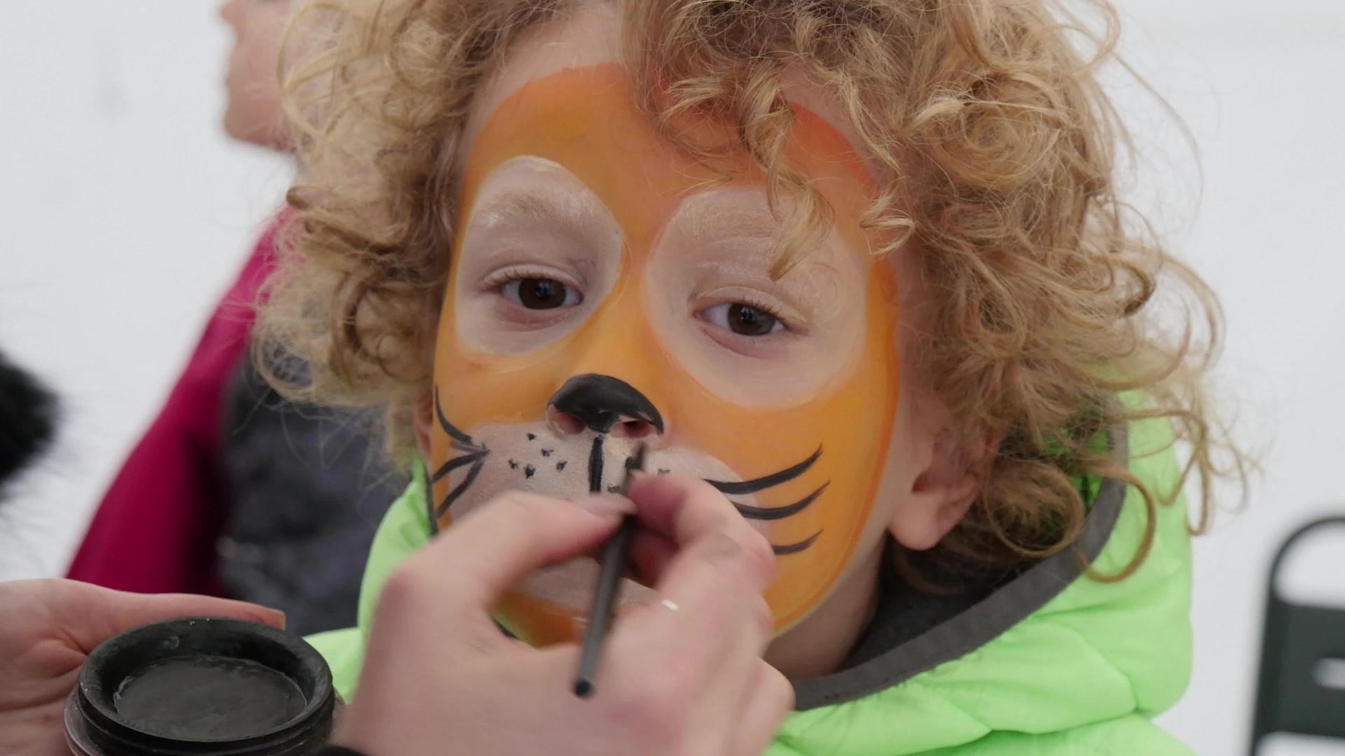 一个小男孩在老虎中装扮自己的脸视频的预览图