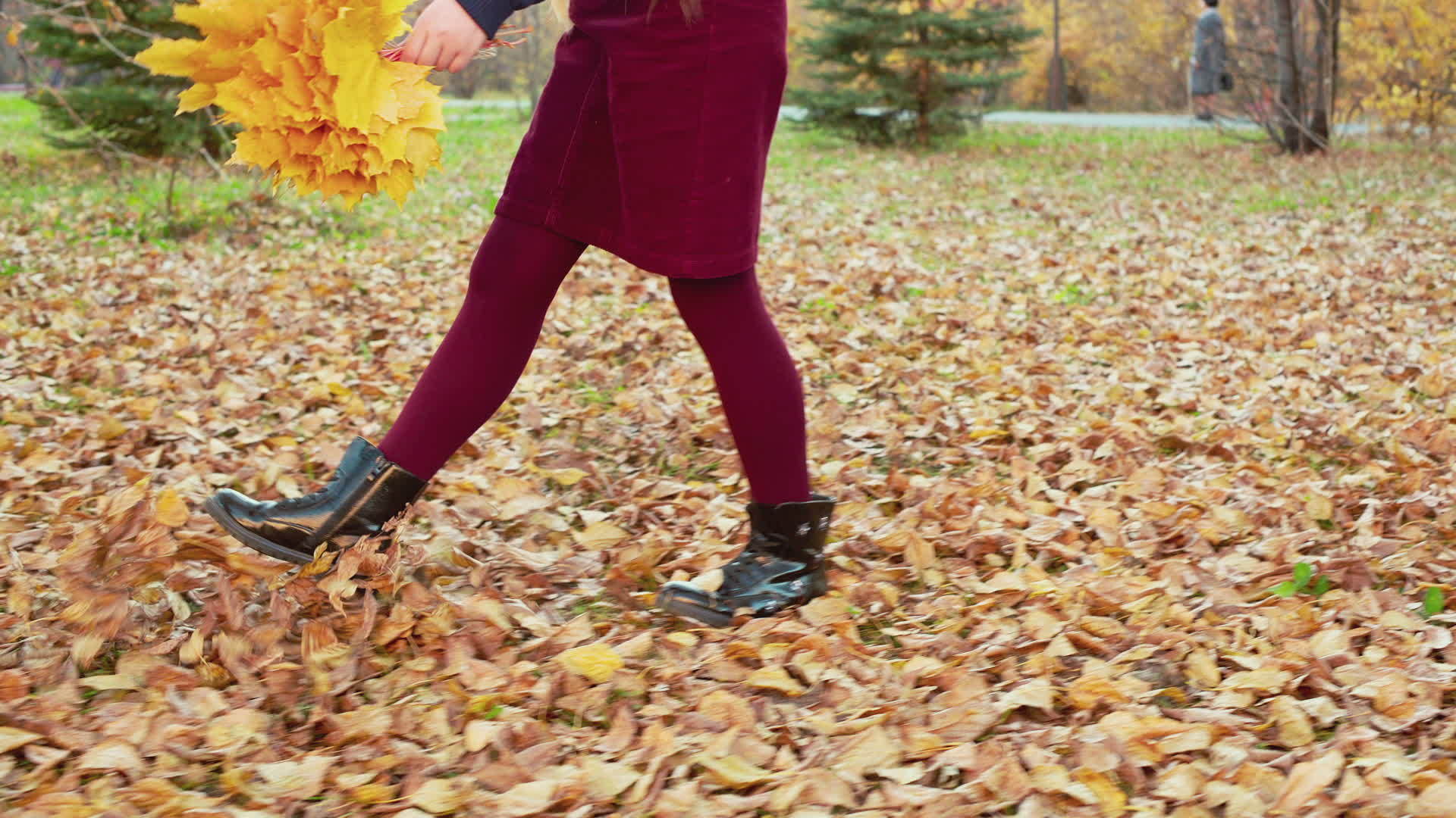 十几岁的女孩在秋天的公园落叶上行走的女孩视频的预览图