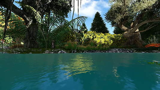 在阳光明媚的一天3D河流和多彩森林视频的预览图