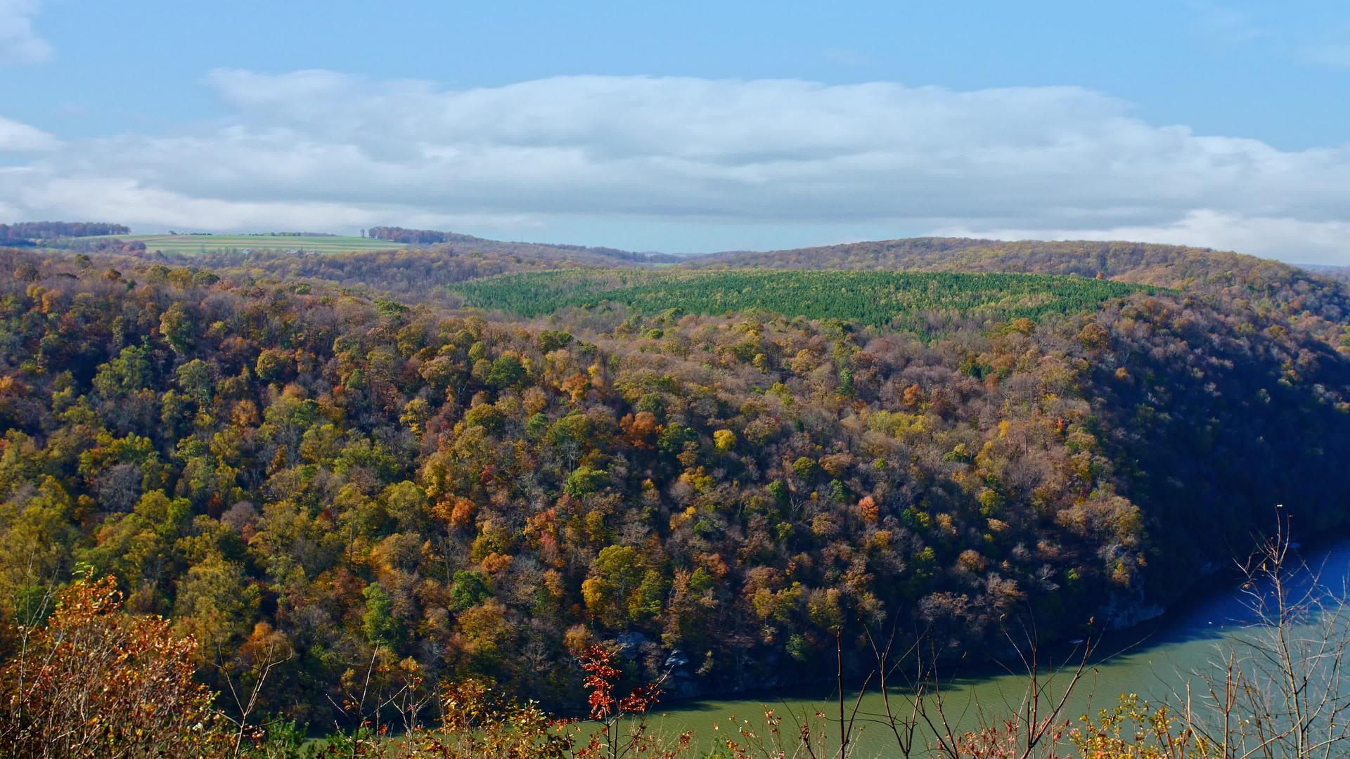 山边和河边的秋天风景视频的预览图