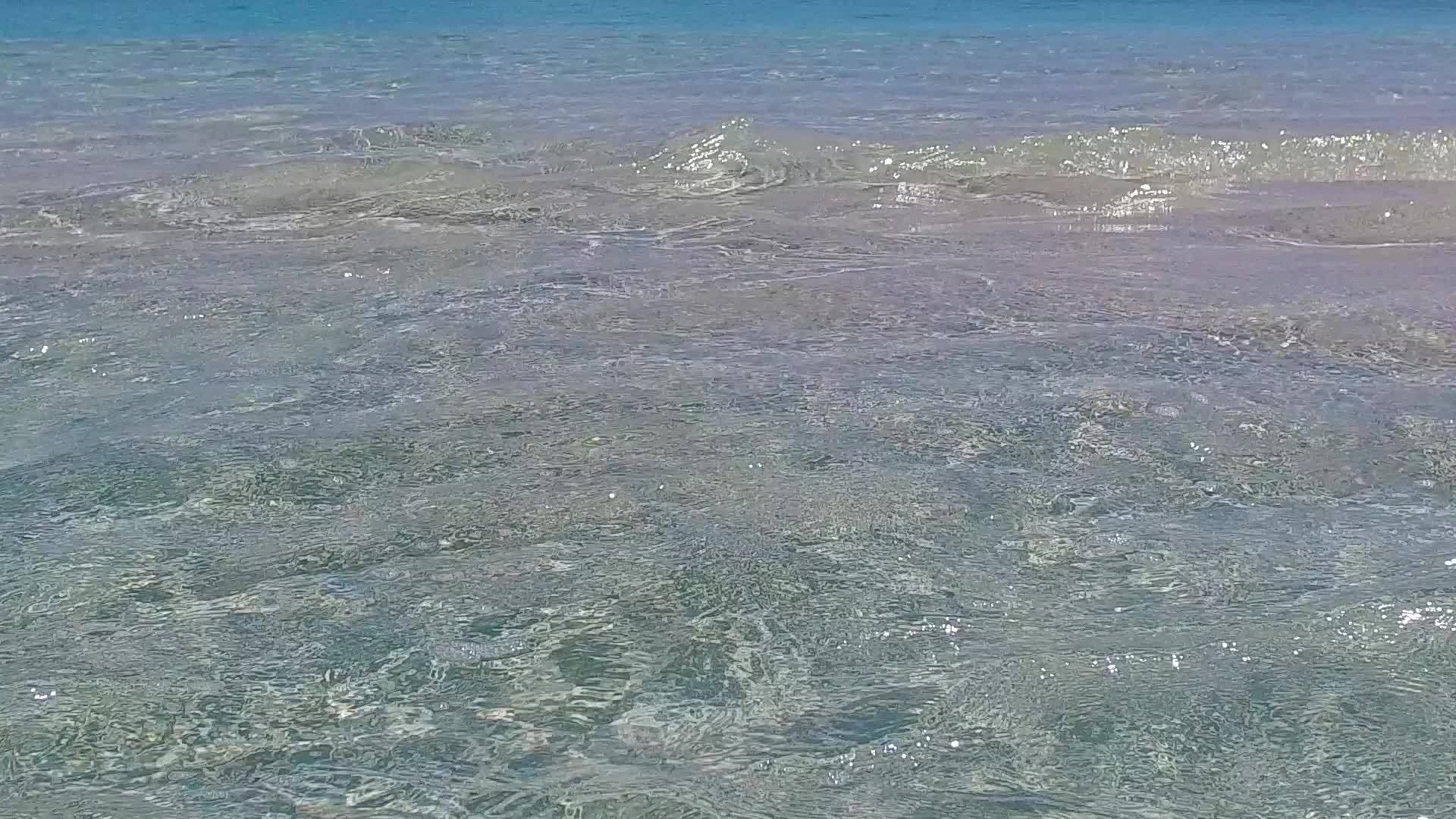 日出后蓝色的海洋在蓝色的海洋中有一个白色的沙底背景视频的预览图
