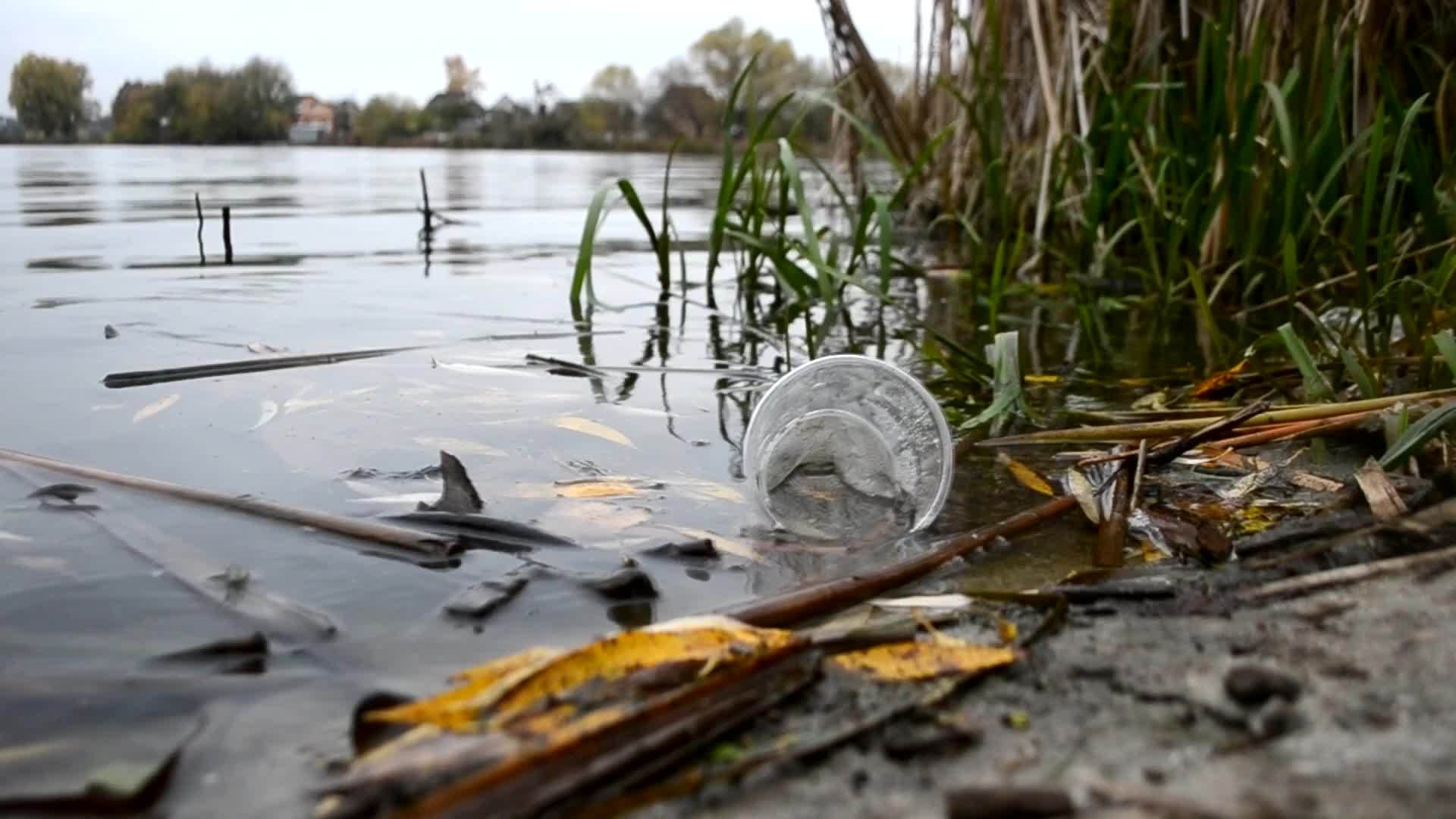 水中的塑料污染鸡尾酒的塑料杯在水下慢慢漂流从水面反射出来视频的预览图