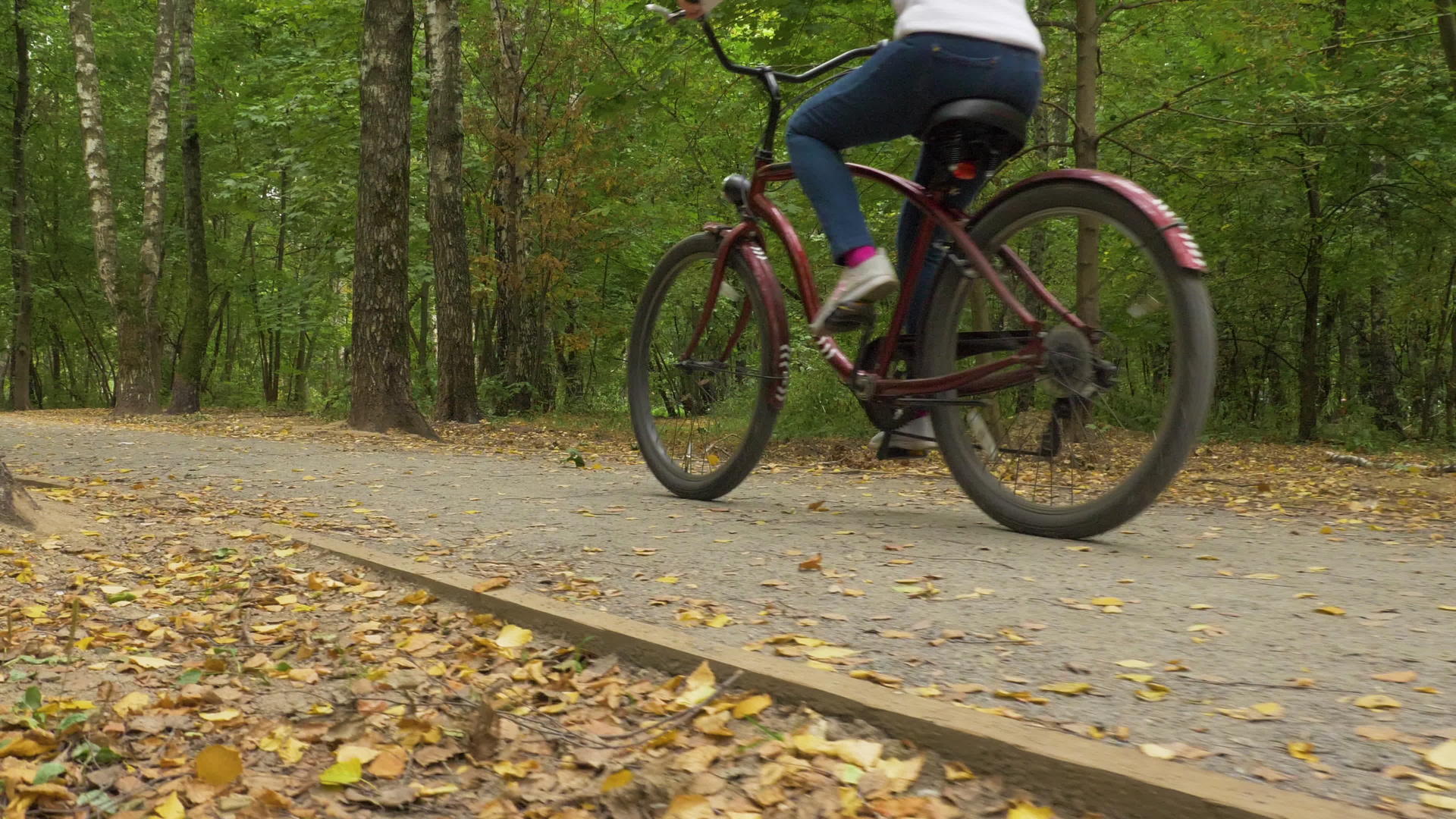 秋天在公园的脚印上骑自行车caucasian视频的预览图