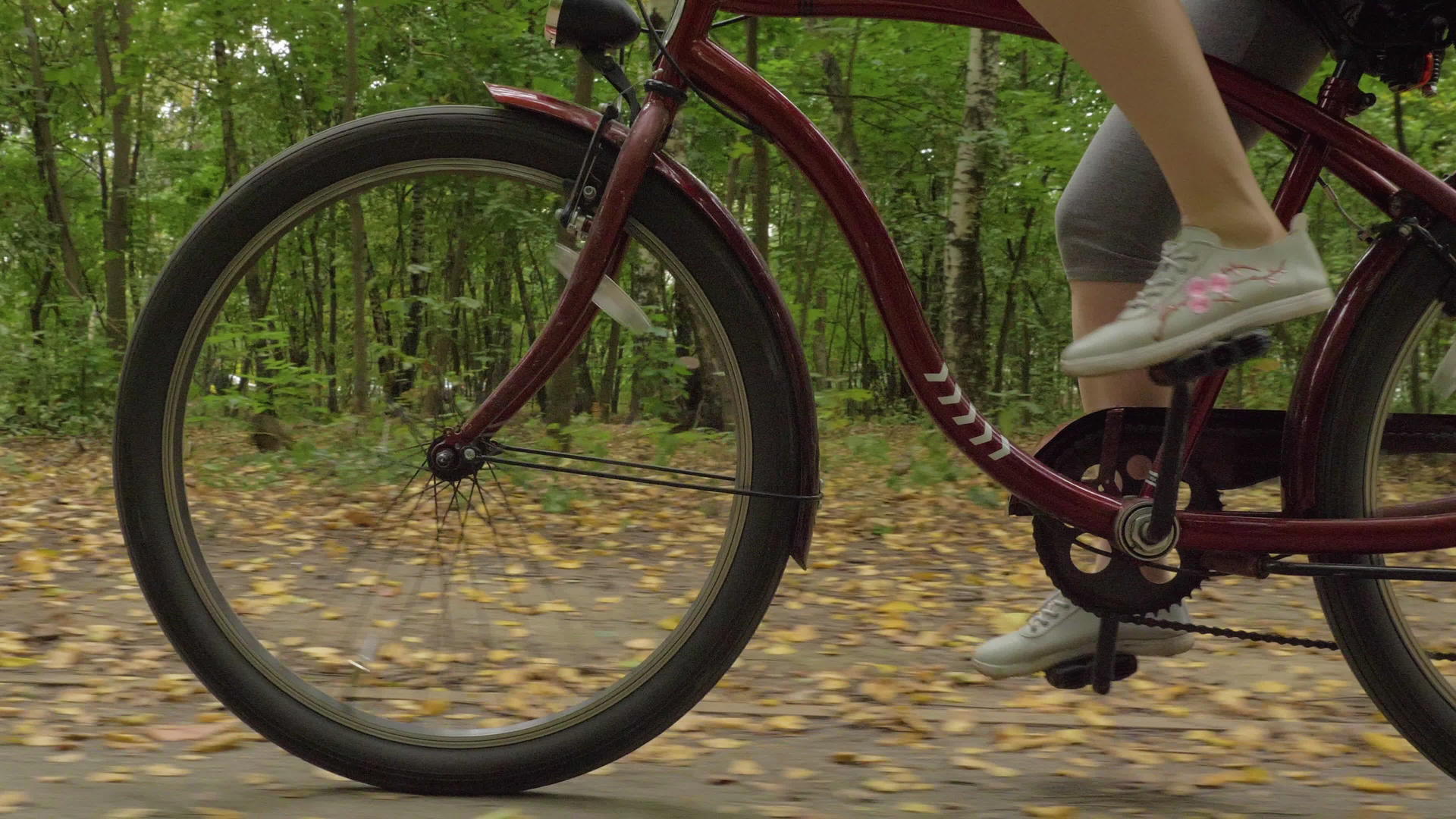 Caucasian女人的腿在公园里踩在自行车上秋天落叶视频的预览图