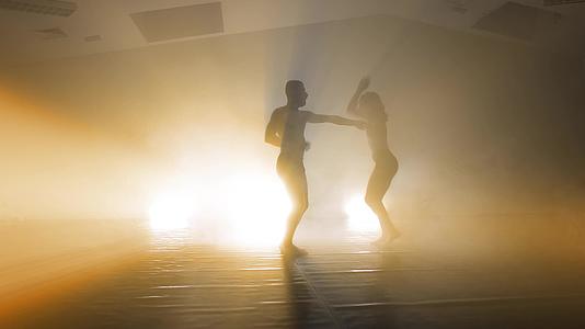 在烟雾弥漫的黑暗背景中美丽的舞者夫妇的剪影聚光灯闪烁着视频的预览图