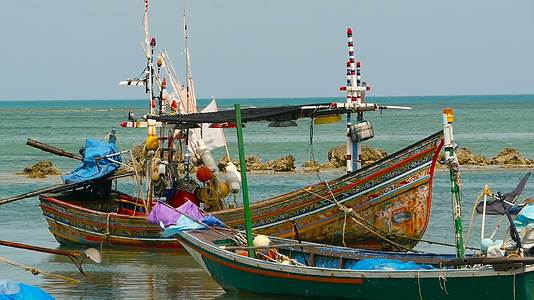 热带海洋海滩有固定锚的木制传统多彩渔船靠近亚洲贫困地区视频的预览图