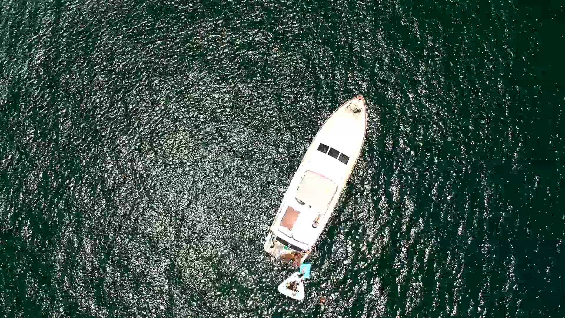 一艘游艇停泊在船上人们用太阳耀斑游泳视频的预览图