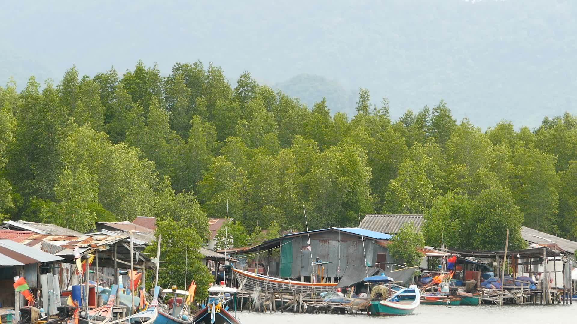 泰国卡农2018年9月21日红树林河渔村的传统小船视频的预览图