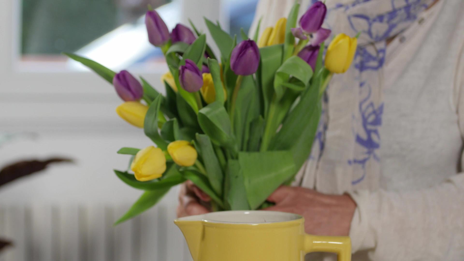 女人在花瓶里安排春暖花束视频的预览图