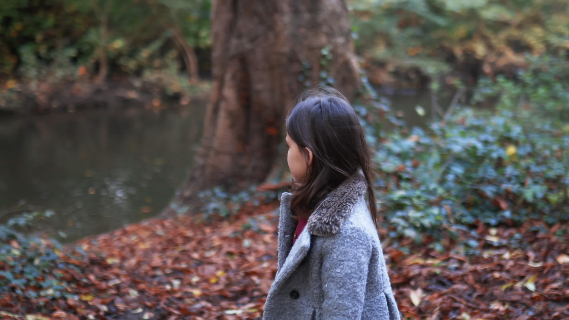 一个棕色的小女孩指着树林周围的一条河视频的预览图