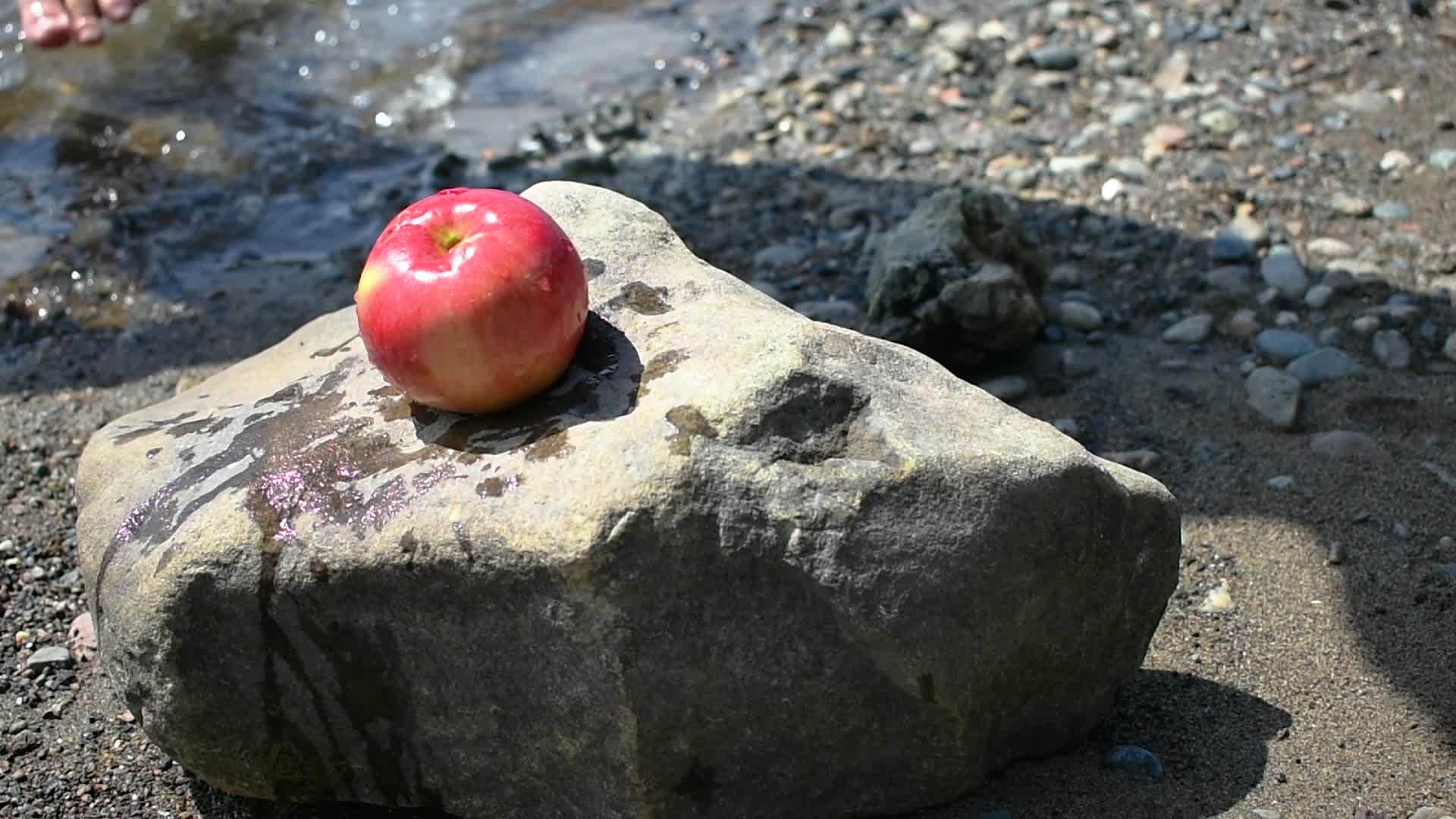 那人从河边的石头上捡起苹果视频的预览图