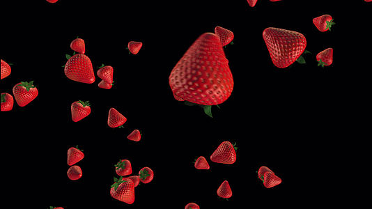 草莓零重力旋转它们漂浮在空中D选择性焦点模糊视频的预览图