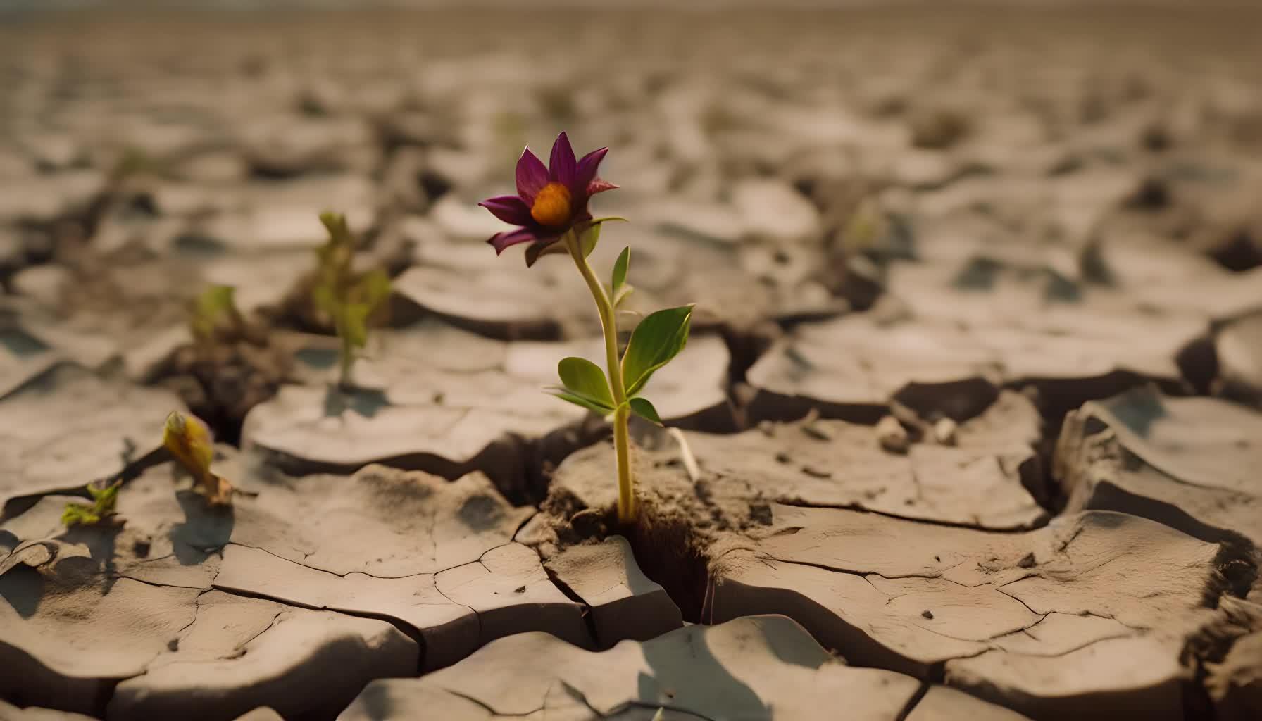 一朵枯萎的花挣扎着生存在裂开的土地上视频的预览图
