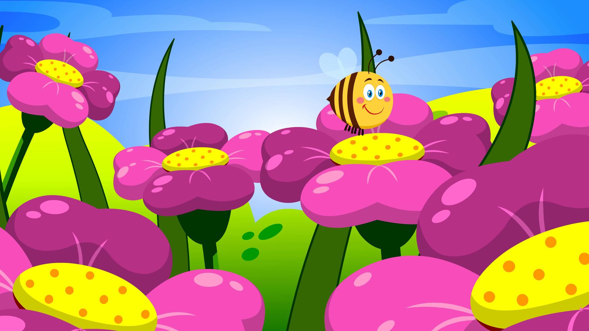 可爱的蜜蜂卡通人物在花上飞翔视频的预览图