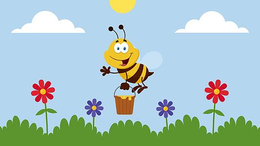 花园里的蜂蜜卡通人物在桶里飞舞视频的预览图