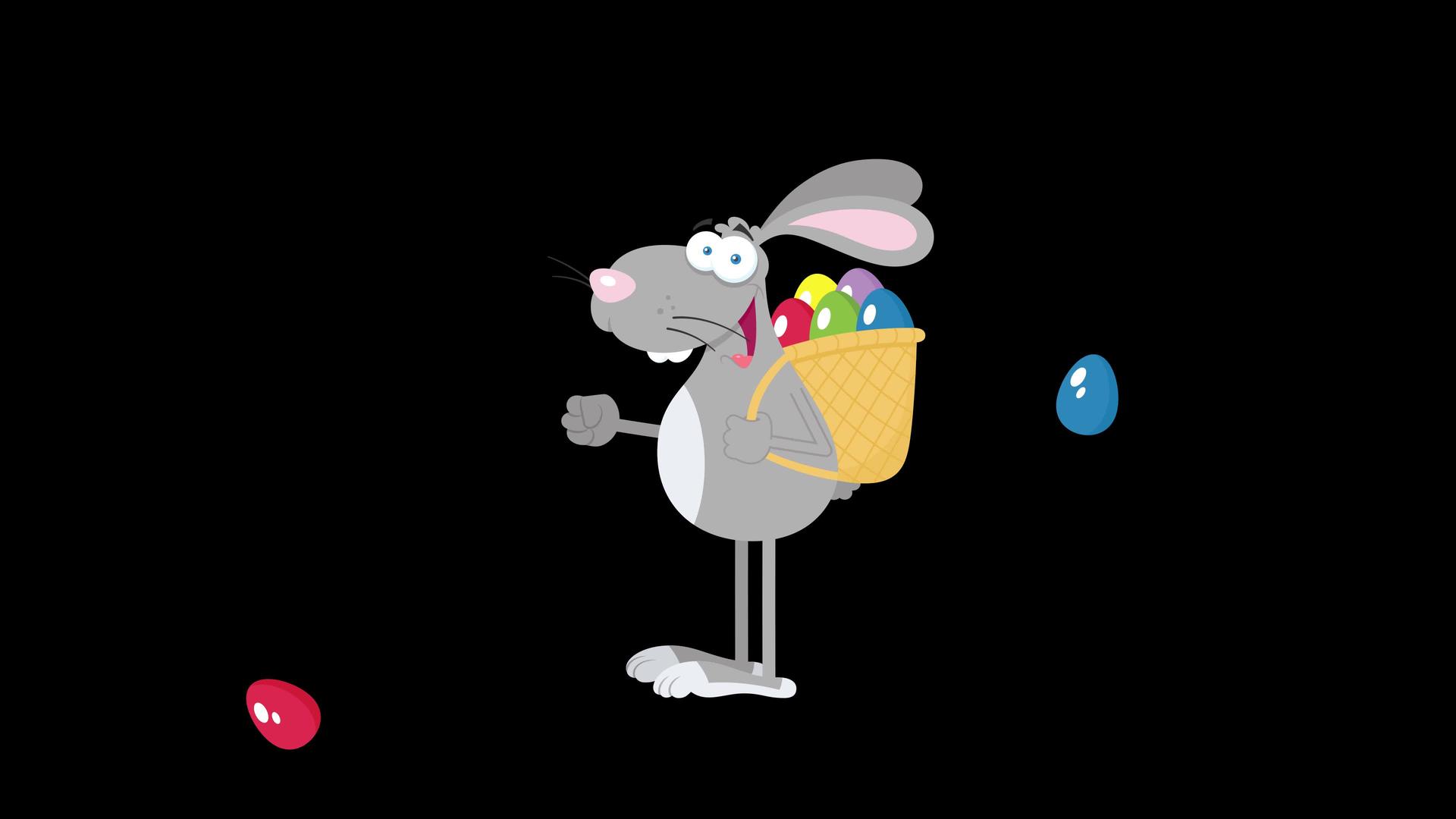 快乐的灰色东方兔子带着篮子和鸡蛋奔跑视频的预览图