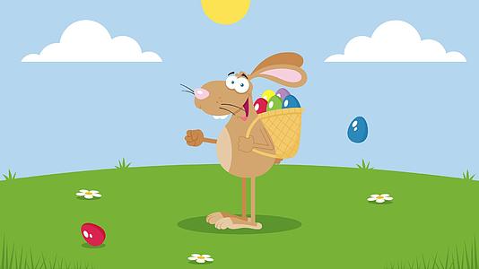 快乐的棕色东方兔带着篮子和鸡蛋跑视频的预览图