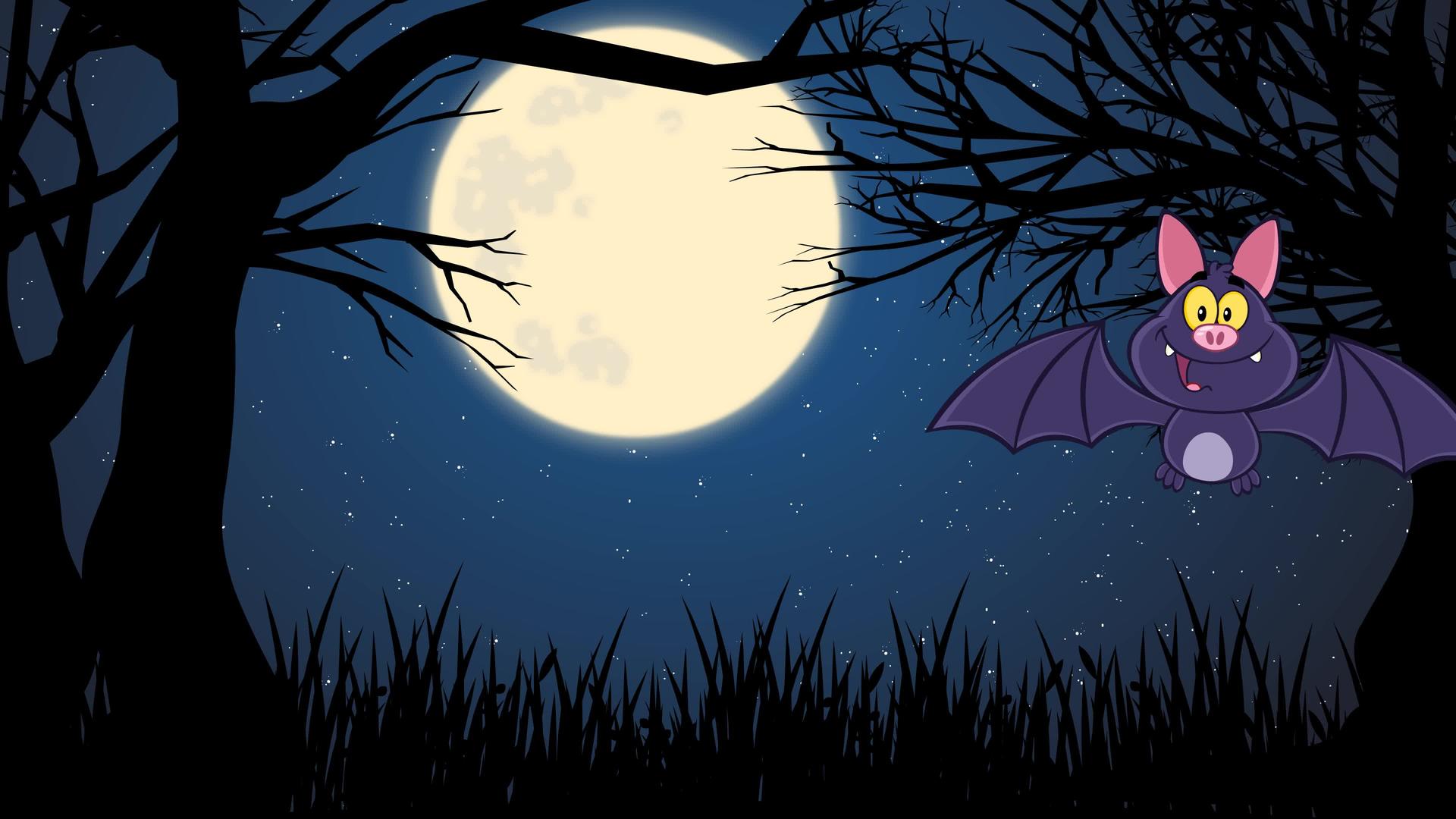 快乐的吸血鬼蝙蝠卡通人物在万圣之夜在森林里飞行视频的预览图