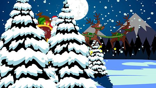 雪橇上的圣塔和圣诞晚上的驯鹿视频的预览图
