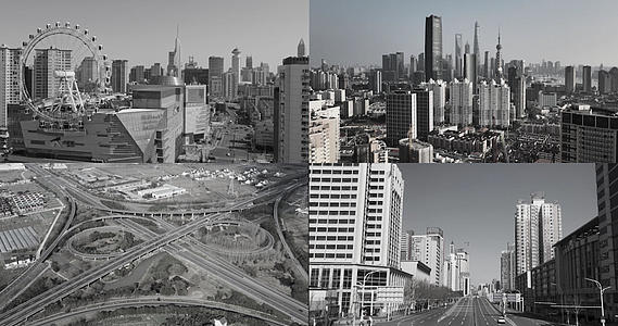 航拍上海地标黑白色调城市风景视频的预览图