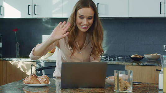商业女性用笔记本电脑说话视频的预览图