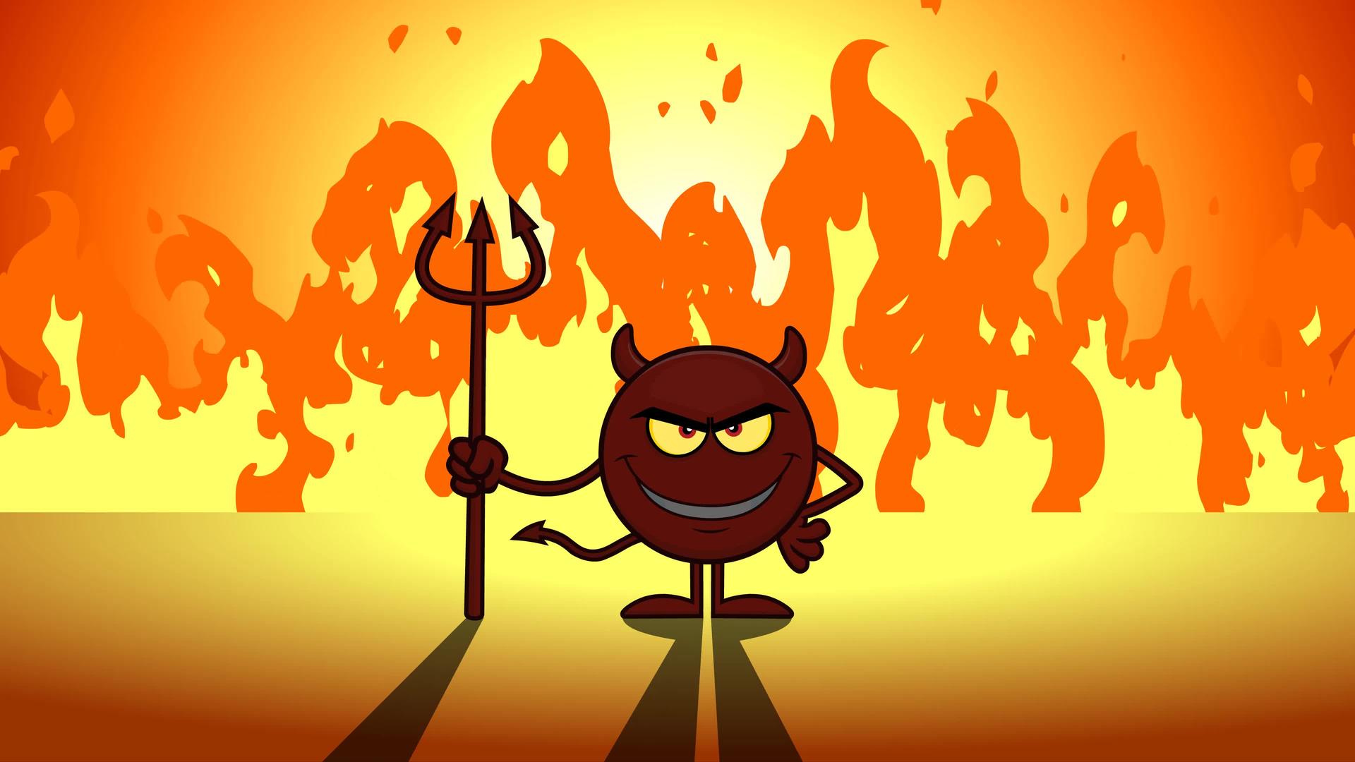 红色恶魔卡通莫吉人物用草叉遮住火焰视频的预览图