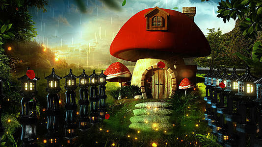 4K梦幻的森林蘑菇城堡背景视频的预览图