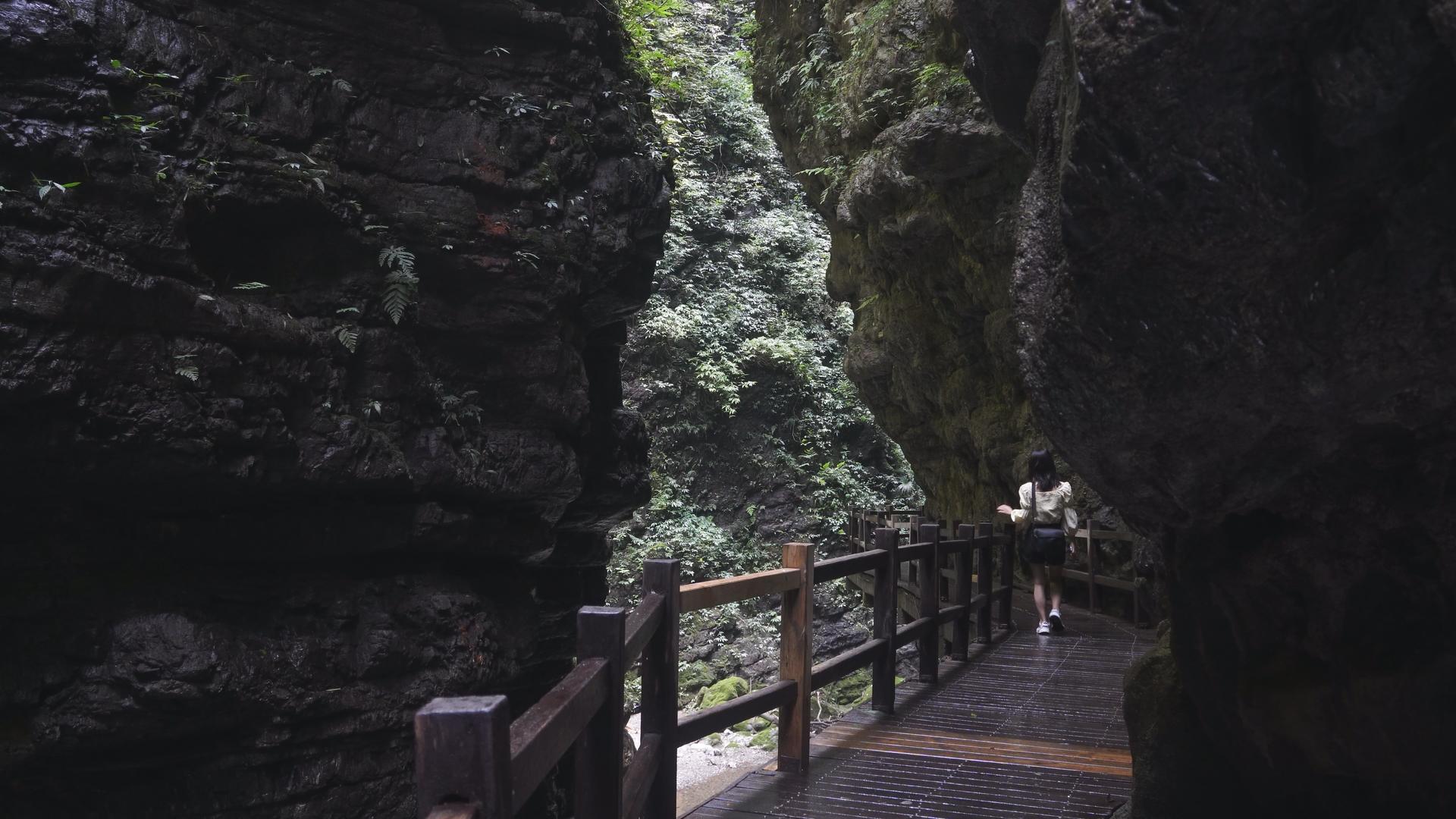 国家5A级旅游重庆黑山谷峰林幽峡峭壁仿古栈道视频的预览图