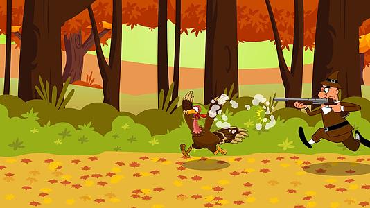 朝圣者用森林背景追逐火鸡卡通人物视频的预览图