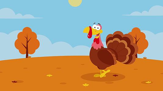 可爱的火鸡卡通人物以秋天的风景和文字为背景视频的预览图