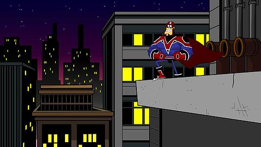 超级英雄卡通人物的城市建筑视频的预览图