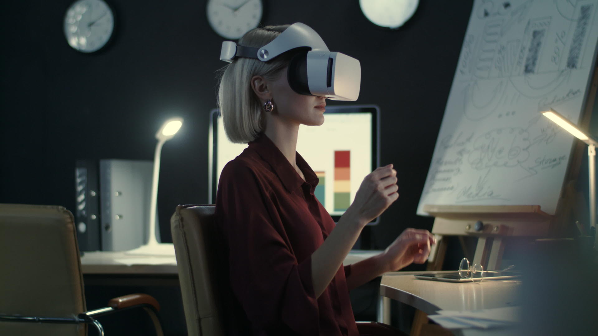 女子在办公室体验VR场景视频的预览图