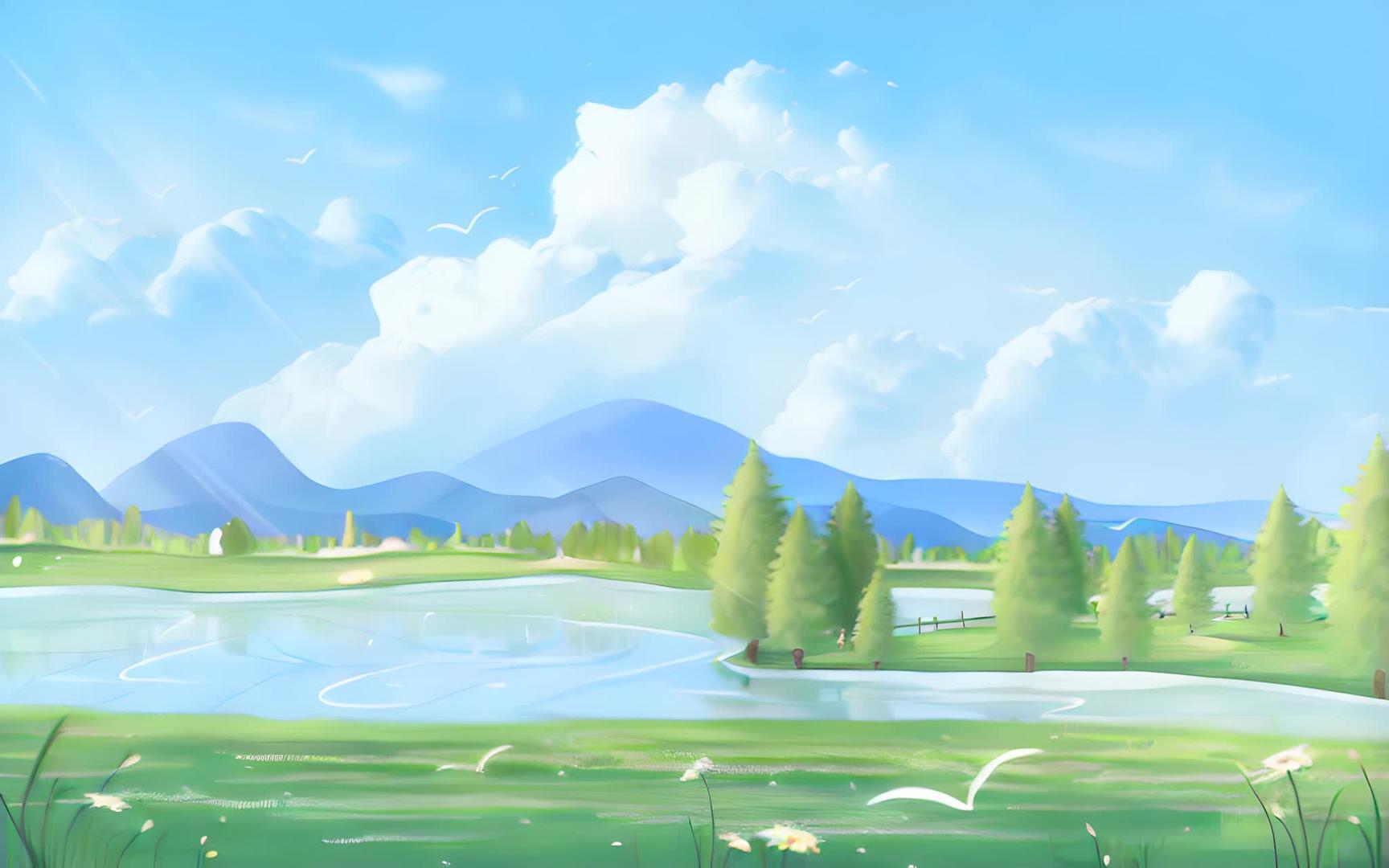 春天的小清新唯美天空蓝天白云草地插图视频的预览图