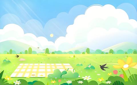 春日漫画美丽蓝天白云草原风景背景视频的预览图