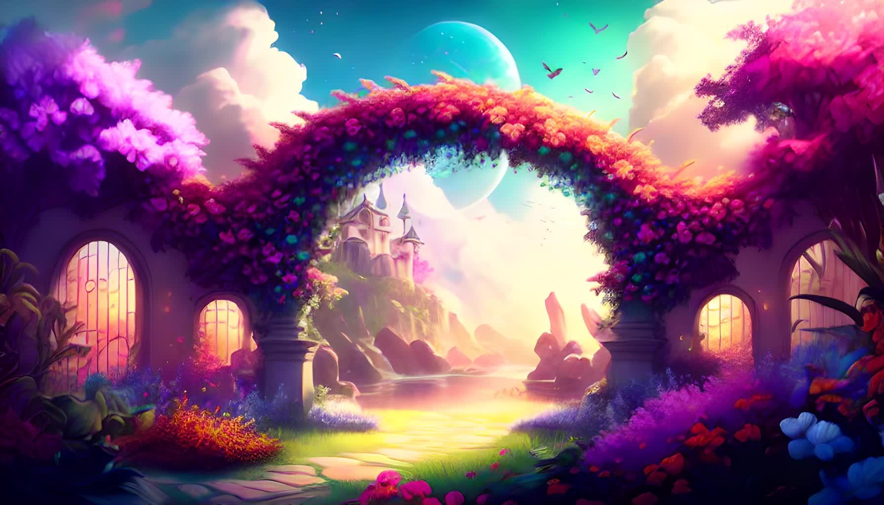 美丽的花园梦幻拱门数字艺术视频的预览图