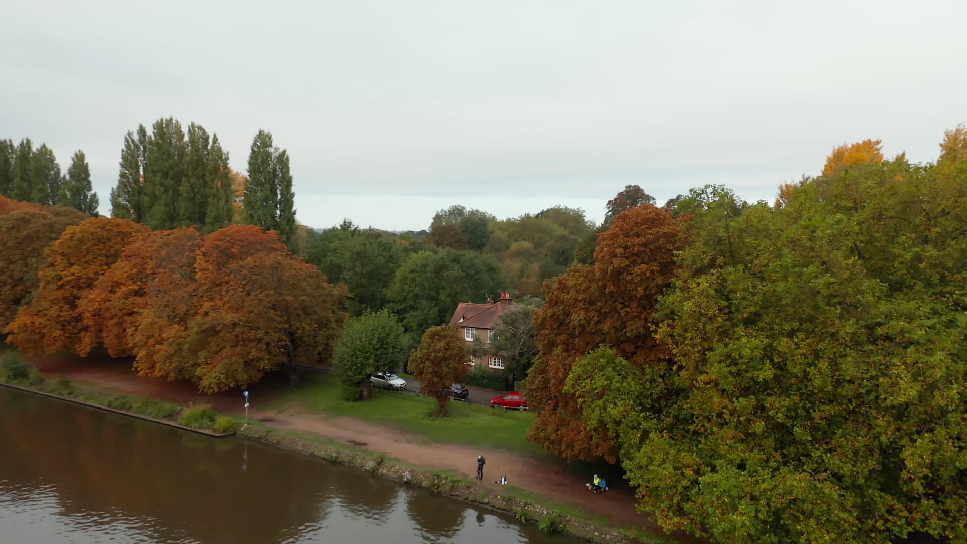 树木环绕着河流和房屋视频的预览图