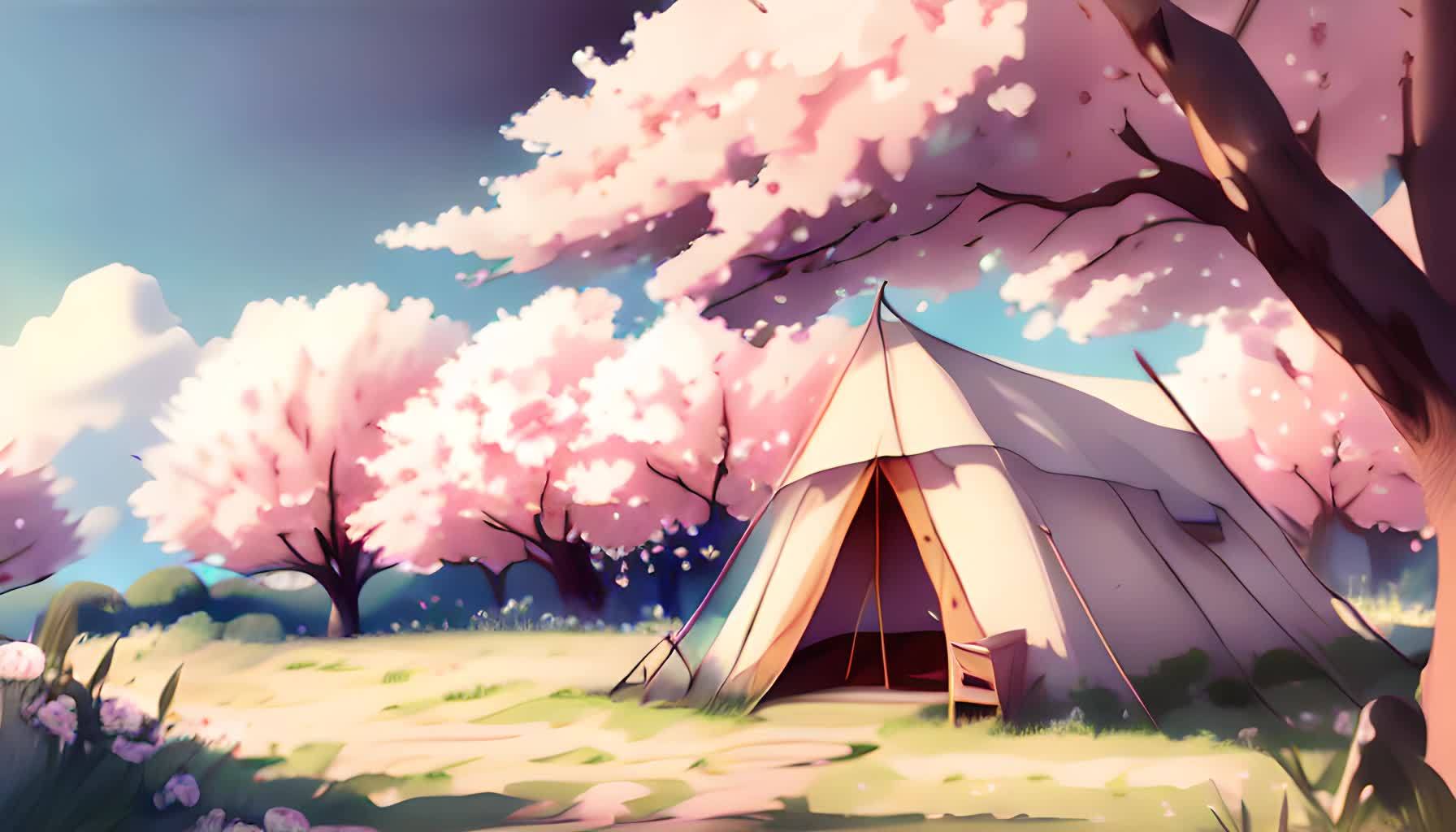帐篷数字艺术在樱花树下视频的预览图