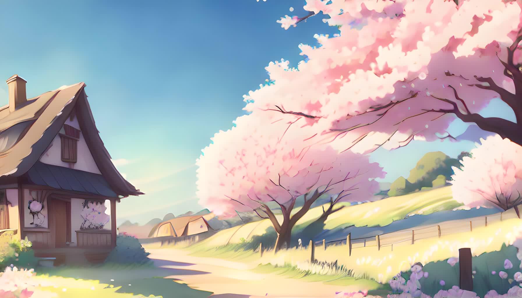 樱花树旁边的小屋数字艺术视频的预览图