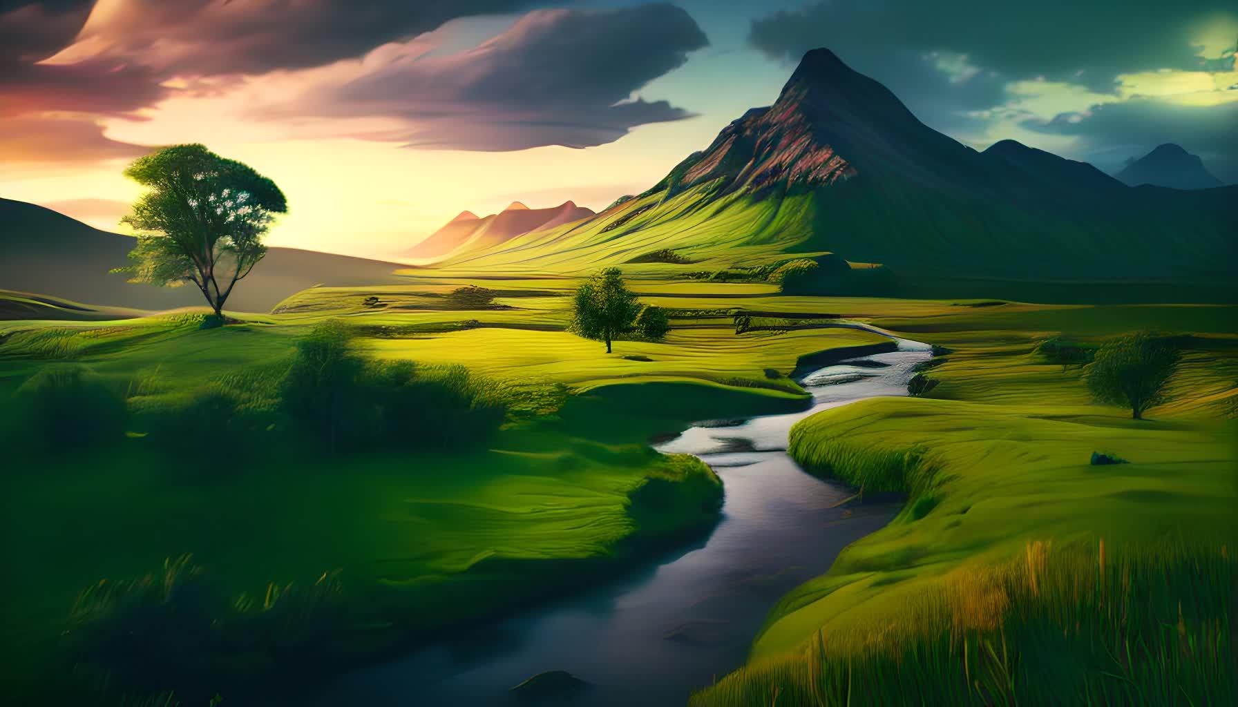 溪流草原风景数字艺术视频的预览图