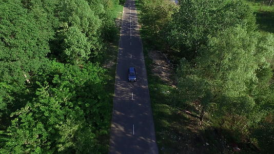 观察夏季森林空中在农村道路上行驶的汽车视频的预览图